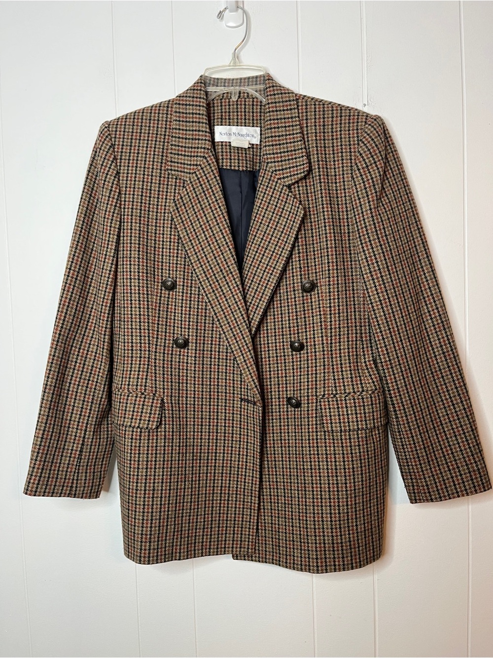 Norton McNaughton Wool Blend Brown Multi Houndstooth Double-Breasted Blazer 6